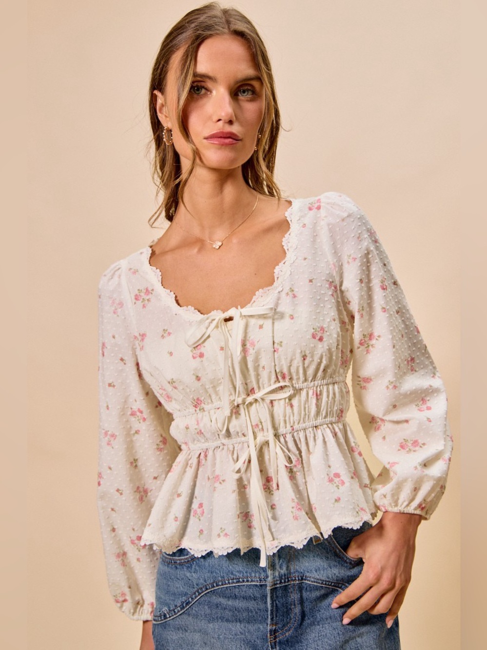 SO ME Floral Clip Dot Lace Trim Ruched Bodice Blouse🛍️